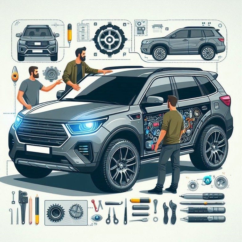 GRAY 4X4 WITH PEOPLE PLANNING ITS CUSTOMIZATION
