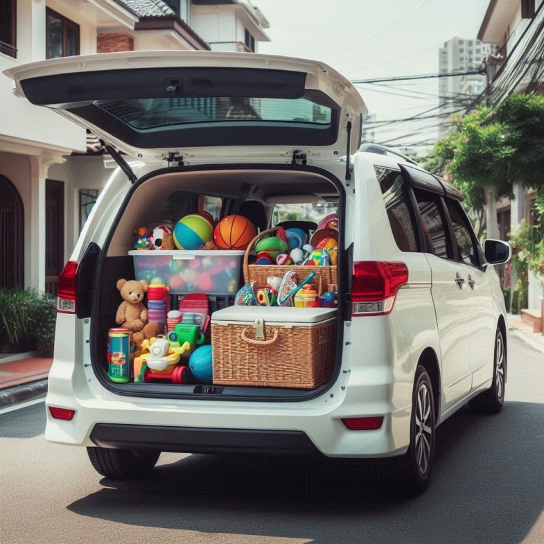 WHITE HONDA MINI VAN WITH OPEN BACK DOOR