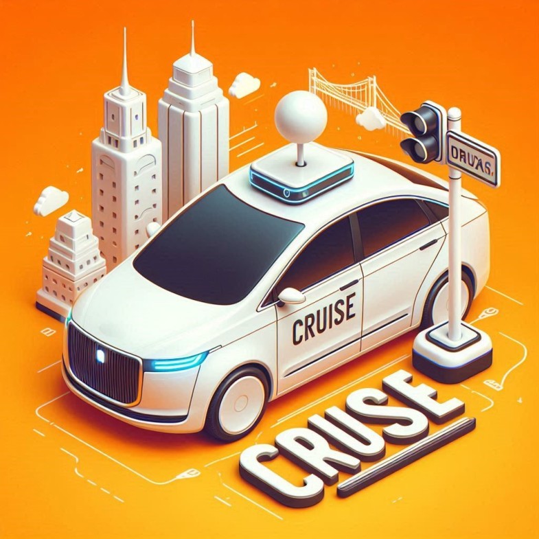 White Driverless taxi with word written - Cruise in orange background