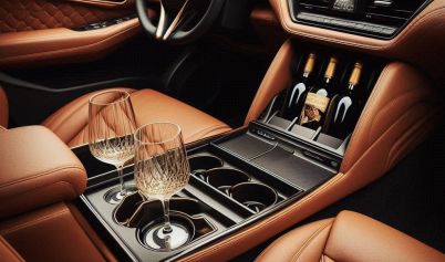 INTERIOR OF LEXUS CAR WITH BLACK CARAMEL LEATHER SEAT, WINE GLASS STORAGE WITH CARAMEL LEATHER, AND OVEN