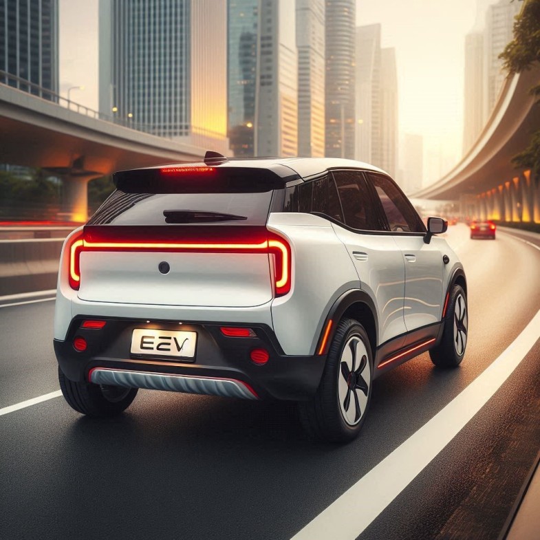 BACK OF AN ELECTRIC SUV WITH WHITE AND RED TAIL LIGHTS