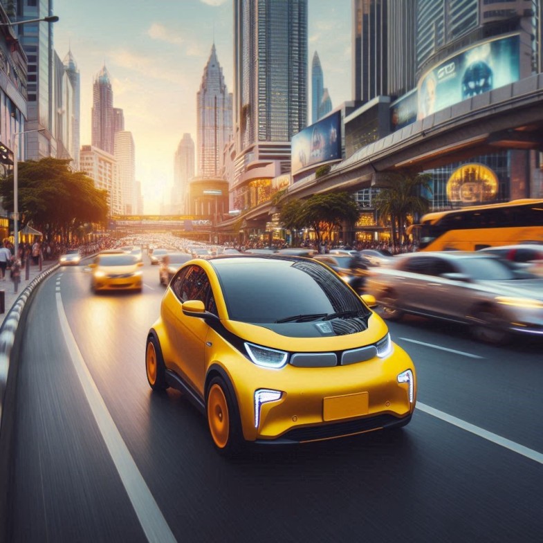 YELLOW ELECTRIC CAR MOVING IN A BUSY ROAD