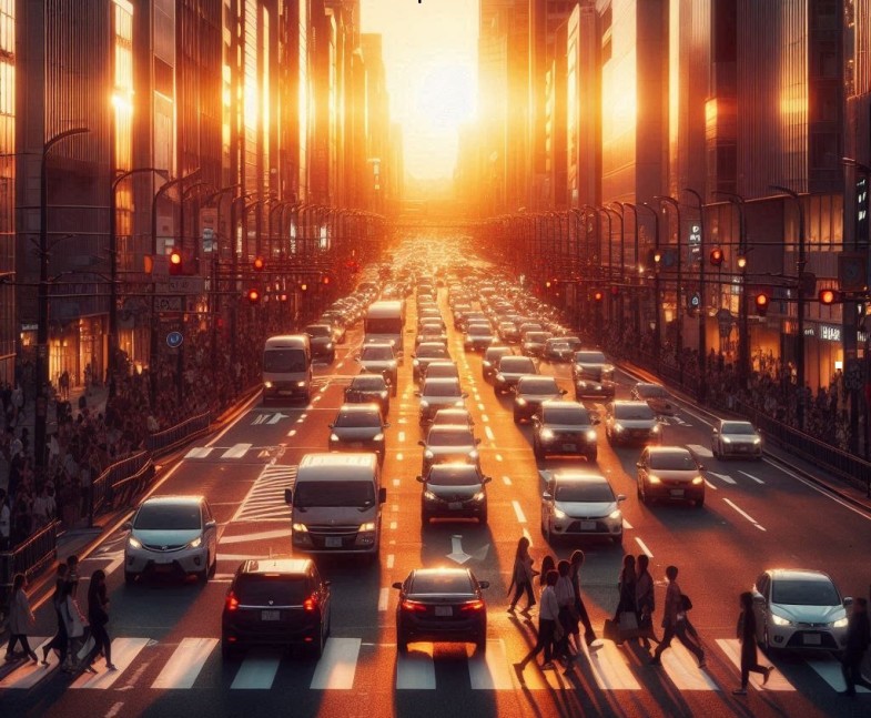 a view of cars on a busy city street during sunset with people passing