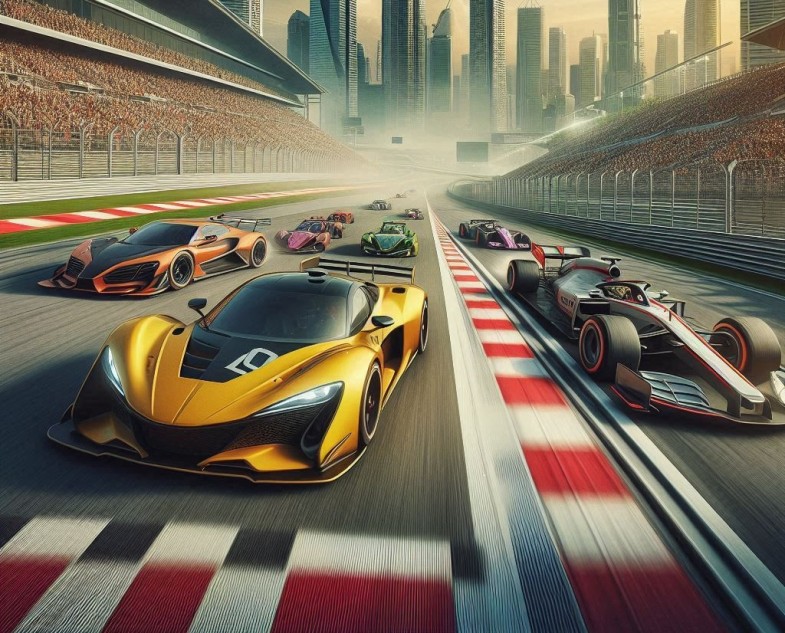 RACE TRACK WITH 5 RACING CARS IN A RACE AND A YELLOW CAR WITH NUMBER TEN TAKING THE LEAD