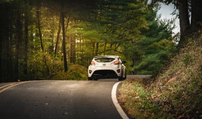 A WHITE CAR ON THE ROAD BETWEEN TREES