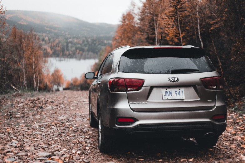 BACK VIEW OF AN SUV CAR PARKED ON A DIRT ROAD