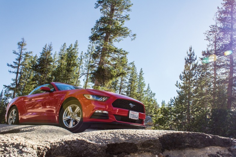 RED CAR NATURE STONE TREES, FORD MUSTANG